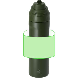A drink bottle in olive green, featuring a sleek design and a secure lid. It includes a branded logo.