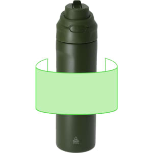 A drink bottle in olive green with a secure lid and integrated handle, featuring a logo on the side.