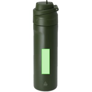 A drink bottle in olive green with a screw top and a logo, designed for insulation.