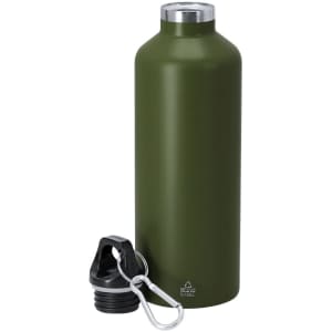 A drink bottle in olive green stainless steel with a screw-on lid and attached carrying clip.