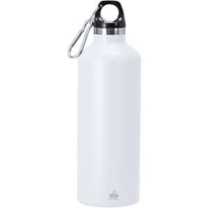 A drink bottle in white with a sleek design, featuring a carrying handle and a branding logo.