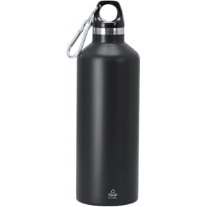 A drink bottle in matte black colour with a silver steel accent and a carabiner attachment at the top.