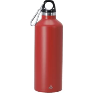 A drink bottle in matte red with a silver cap and a handle. It features a logo on the front.