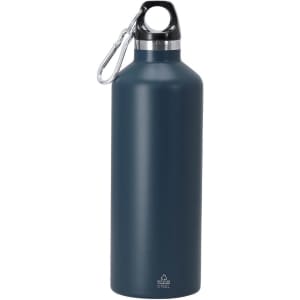 A drink bottle in navy blue stainless steel with a black lid and a metal carabiner attached.
