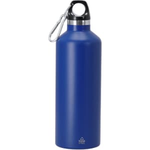 A drink bottle in vibrant blue, featuring a metal construction and attached carabiner. It has a logo on the front.