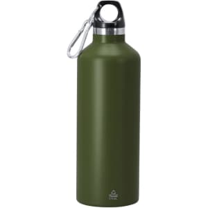 A drink bottle in matte olive green, featuring a silver cap and a carabiner clip. It has a logo on the front.