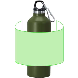 A drink bottle in olive green, featuring a silver cap and a carabiner clip, with an attached protective wrap.