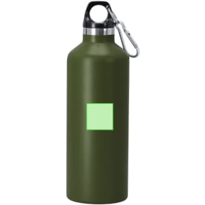 A drink bottle in matte olive green with a silver top and a black carabiner. It features a placeholder for a logo.