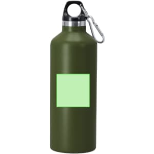 A drink bottle in dark green with a metal cap and a carabiner, featuring a blank rectangular area.