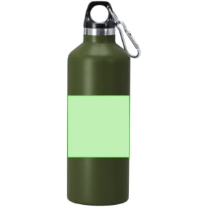 A drink bottle in matte olive green with a black cap and a carabiner, featuring a blank green label area.