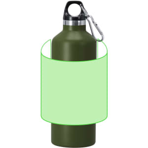 A drink bottle in olive green with a black cap and a metal carabiner. It has a logo on the front.