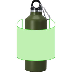 A drink bottle in olive green with a silver cap and a carabiner attachment. It features a logo.