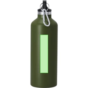 A drink bottle in olive green with a dangling clip and a design element on the front. It features a silver lid.