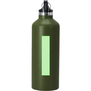 A drink bottle in olive green with a metallic silver cap and a minimalist design element. Features a logo.
