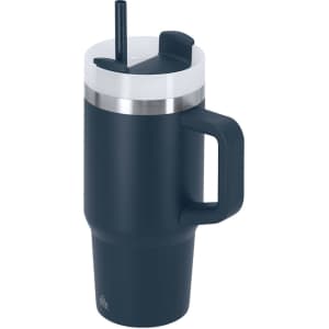 A drink bottle featuring a navy blue insulated mug with a straw, handle, and a silver rim. It has a logo on the side.