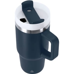 A dark blue insulated travel mug with a white lid and handle, featuring a stainless steel band and a logo.
