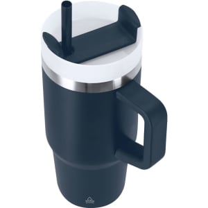A drink bottle featuring a navy exterior, stainless steel base, a handle, and a straw lid. It has a logo on the base.