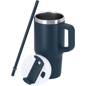 A navy insulated travel mug with a silver rim, a white lid, and a black straw. It features a handle and has a logo.