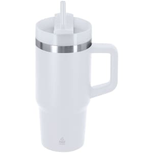A travel mug in white with a stainless steel band, featuring a handle and a straw. It has a logo.