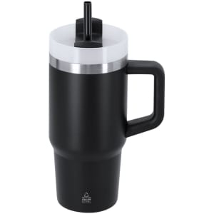A drink bottle in matte black with a stainless steel band and a lid featuring a straw. It has a sturdy handle and a logo.