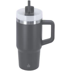 A drink bottle featuring a grey insulated body, a handle, and a flip-top lid with a straw, alongside a logo.