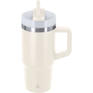 An insulated travel mug in a cream colour, featuring a handle and a grey lid with a straw. It has a logo.