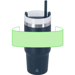 A drink bottle featuring a navy blue insulated body and a silver accent at the top. It includes a straw and has a logo.