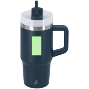 A drink bottle featuring a dark blue exterior, a stainless steel band, and a white lid with a straw. It has a logo.