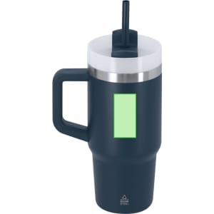 A travel mug in navy blue with a clear lid, straw, and a space for a logo or branding.