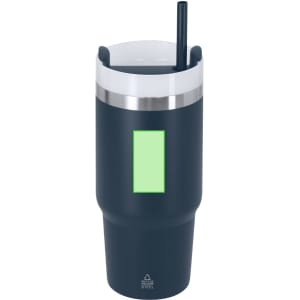 A dark blue insulated travel mug with a stainless steel band and a straw, featuring a placeholder for branding.