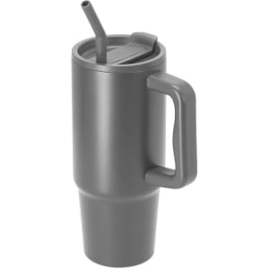A grey insulated travel mug with a handle, straw, and a tapered bottom, featuring a logo on the side.