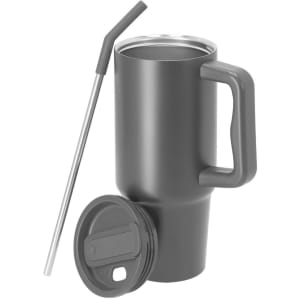 A drink mug in grey with a handle, stainless steel straw, and a lid. It features a branding logo.