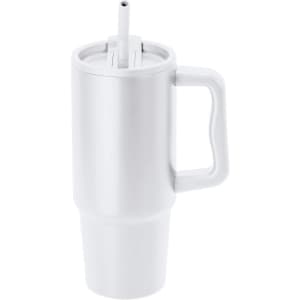 A white insulated travel mug with a handle and a straw, featuring a lid and a sleek design.
