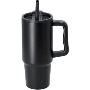 A drink bottle with a black finish, featuring a straw and a handle, designed for travel use.