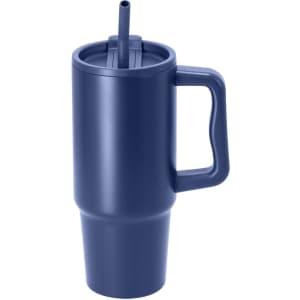 A travel mug in navy blue with a straw and a handle. It features a sleek design and has a logo.