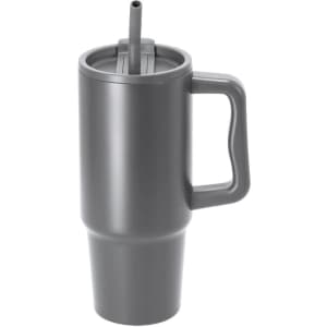 A drink bottle in grey with a handle, a screw-on lid, and a straw, designed for travel use.