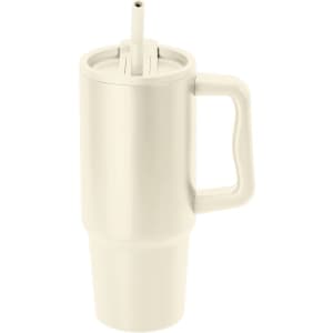 A travel mug in off-white with a handle and a straw, featuring a logo on the side.