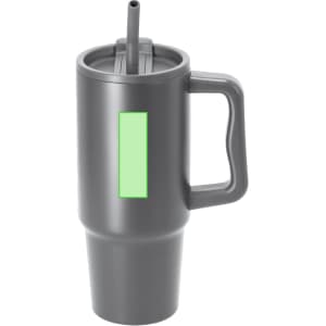 A grey insulated travel mug with a straw and a handle, featuring a blank area for branding.