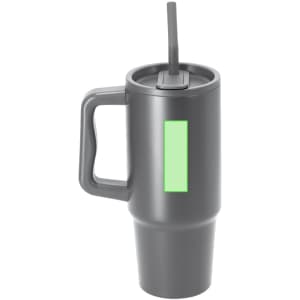 A drink bottle in grey with a handle and a straw, featuring a blank logo space.