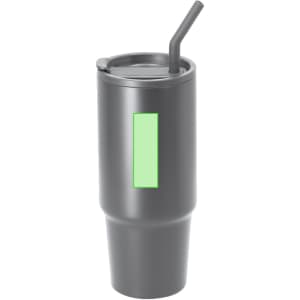 A drink bottle in grey with a green panel and a straw, featuring a lid and a branding logo.