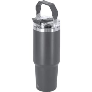 A drink bottle with a black, insulated body and a clear flip-top lid, featuring a handle for easy carrying.