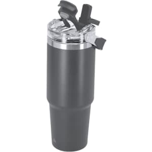 A drink bottle with a sleek black design, featuring a clear lid and a built-in straw, includes a logo.