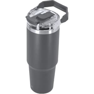A drink bottle in dark grey with a clear lid, featuring a handle and a sleek design. It has a logo on the side.