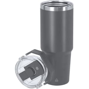 A drink bottle featuring a dark grey insulated cup with a transparent lid and a logo on the side.