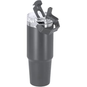 A drink bottle in dark grey with a clear lid and a handle. It features a logo on its side.