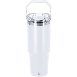 A drink bottle in white with a clear lid and a handle, featuring a logo on the base.