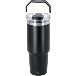 A drink bottle featuring a black insulated body, transparent lid, and a handle. It includes a logo at the base.