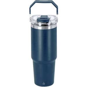 A drink bottle with a navy blue insulated body, transparent lid, and a handle, featuring a logo.
