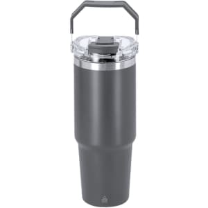 A drink bottle in matte grey with a clear lid and a handle, featuring a logo on the base.