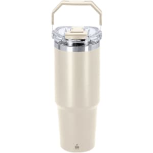 A drink bottle in a cream colour with a transparent lid and handle, featuring a sleek stainless steel design.